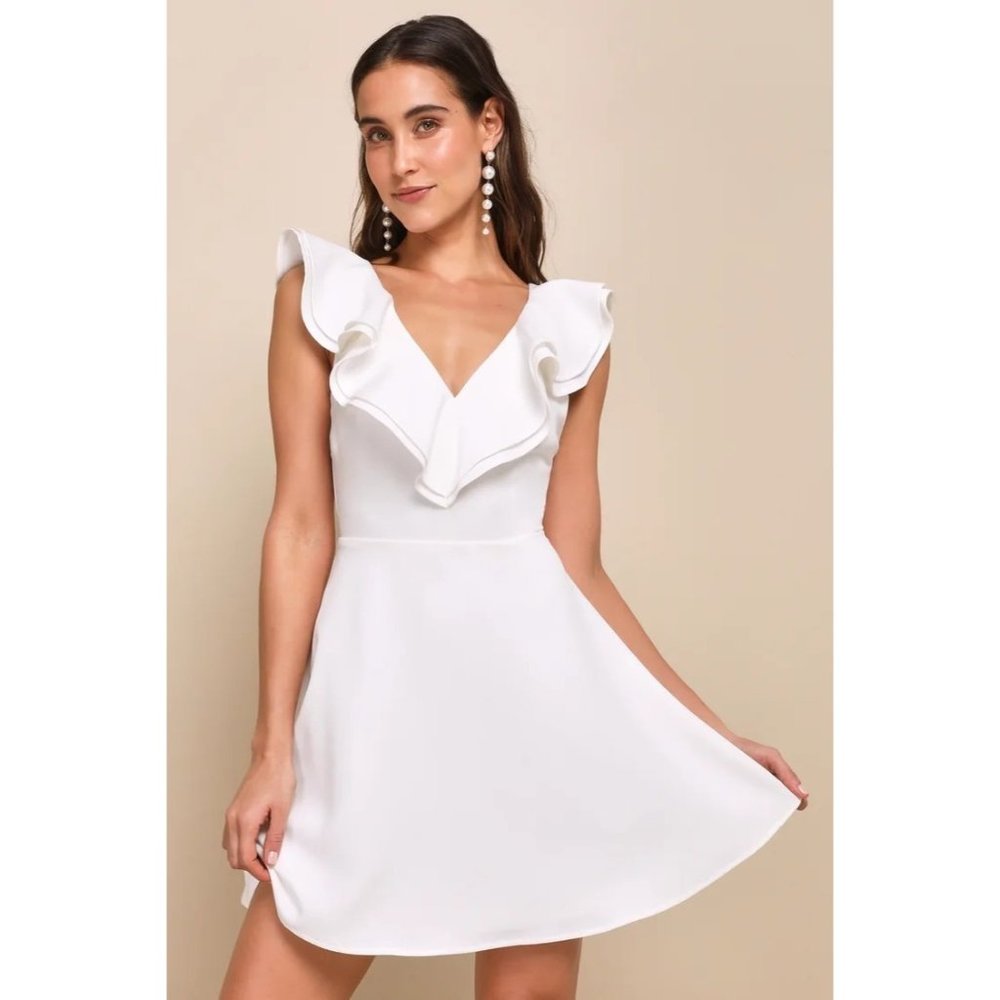 Lulus Womens Divine Darling White Ruffled Skater Dress S White Mini Fit & Flare